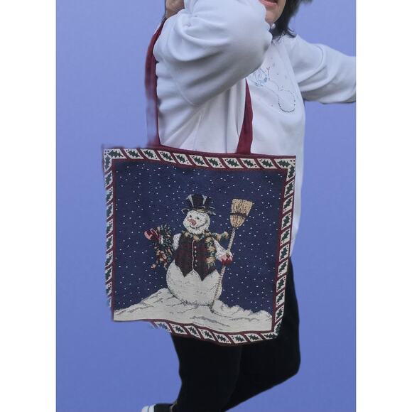 Snowman Tapestry Shoulder Tote Winter Decorative Functional Lined - Picture 1 of 7